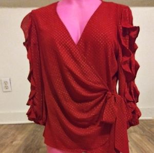 Vintage NWT NY & Company Wrap Around Blouse Dark Red with tiny gold polk…